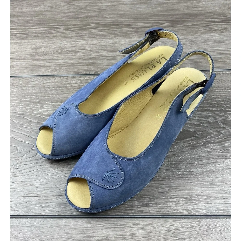 La Plume Womens Leather‎ Peep Toe Slingback Wedge Sandals Blue Size 38 US 7